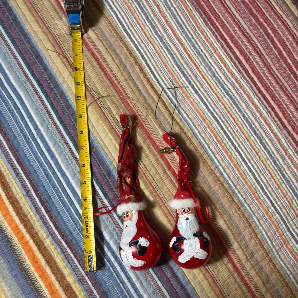 Vintage Hand Painted Light Bulb Santa Ornaments Set of 2 Christmas Folk Art Red